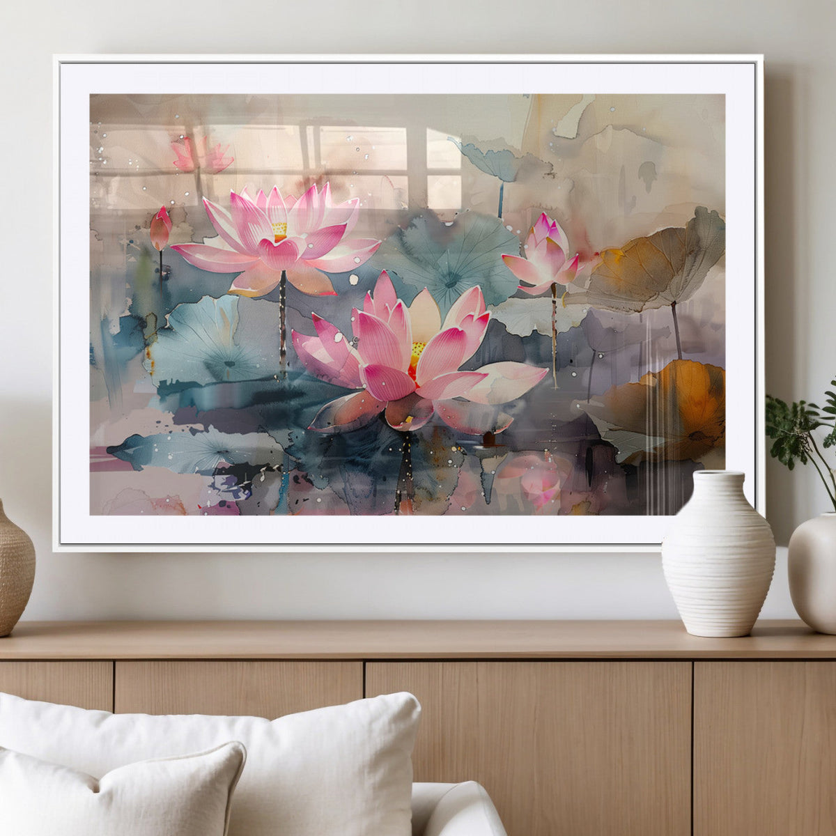 Lotus Flower Wall Art | 3-Panel Giclee Canvas Print of Pink