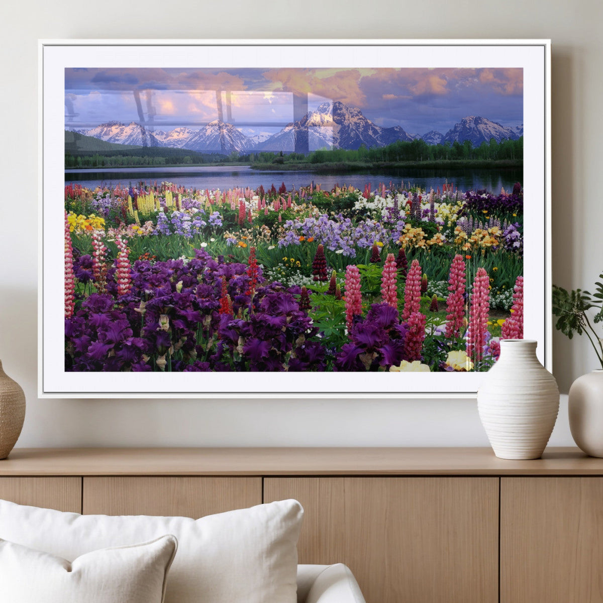 Vibrant Wildflower Garden and Mountain View Giclee Canvas