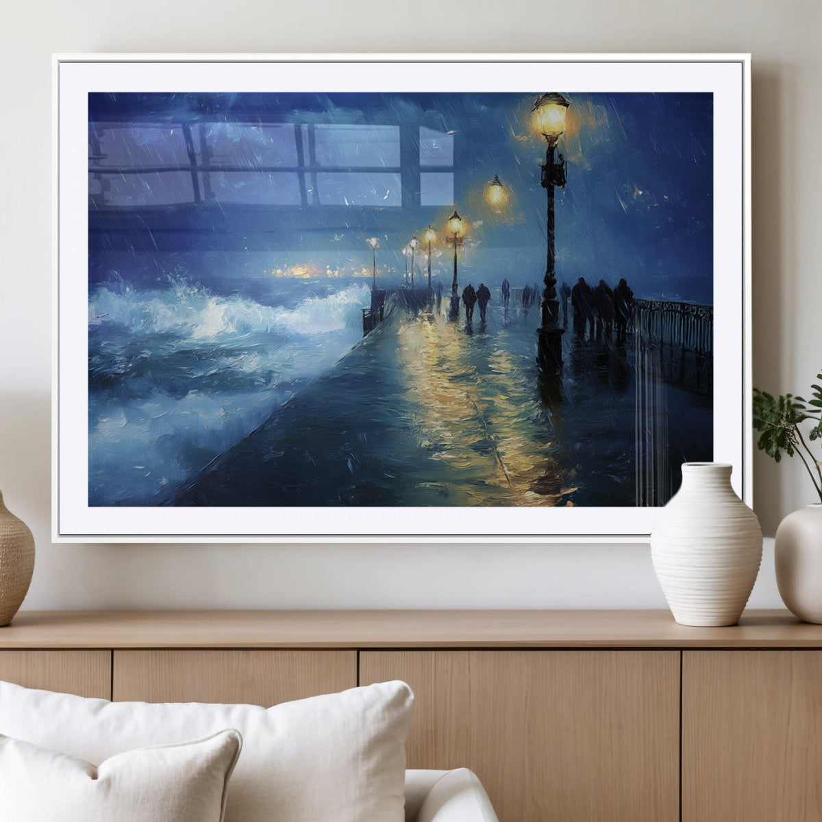 Storm Ocean Pier Canvas Wall Art Print - Large Moody Night