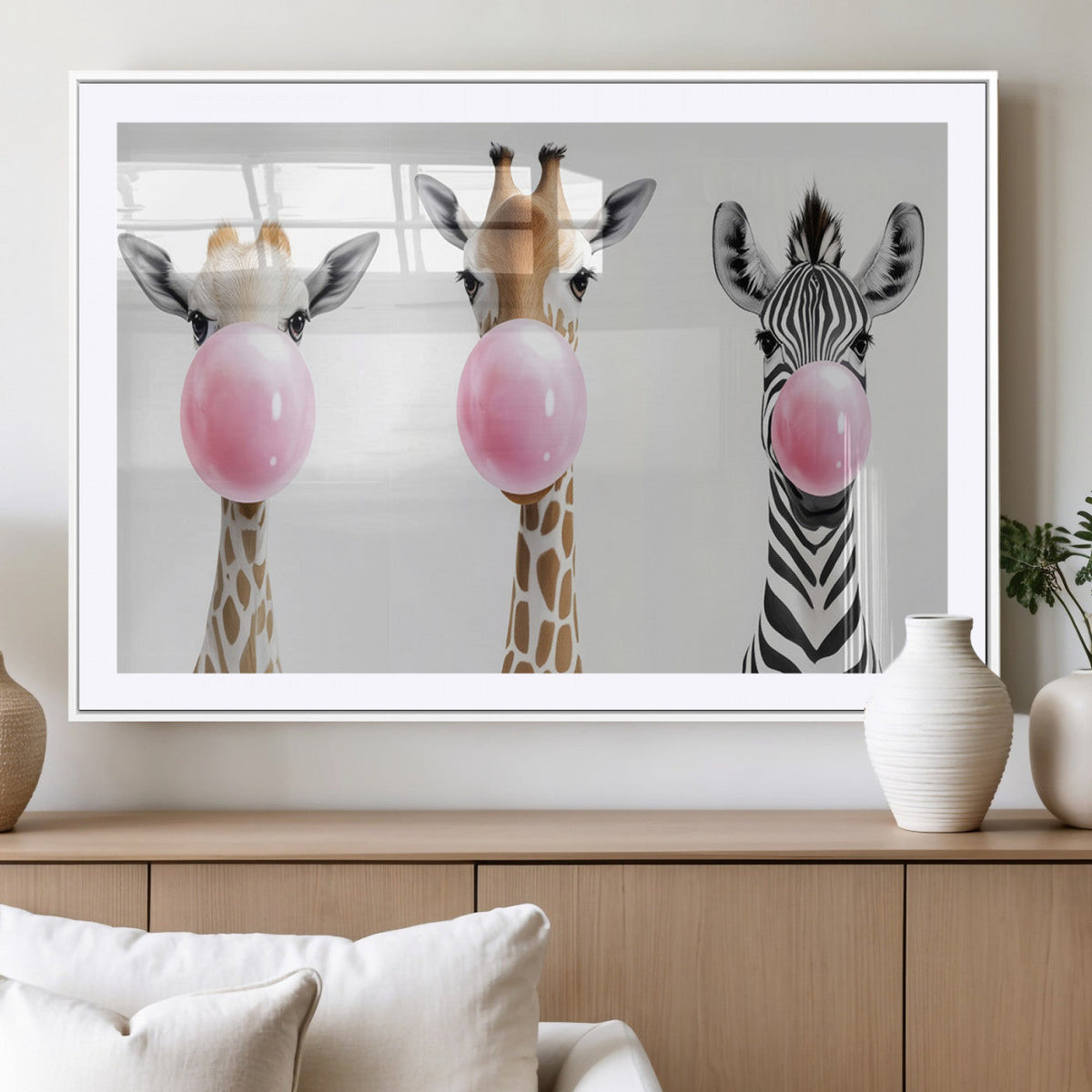 Bubblegum Animals Canvas Wall Art - Playful Giraffe and