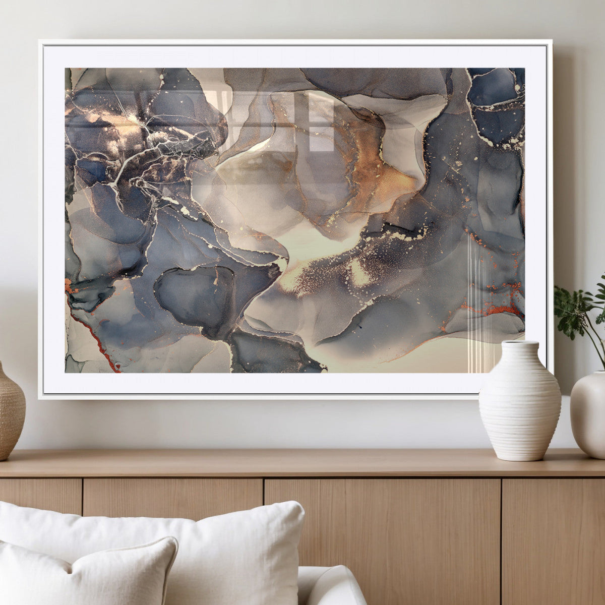 Abstract Blue and Gold Wall Art - Fluid Ink Artwork - Modern