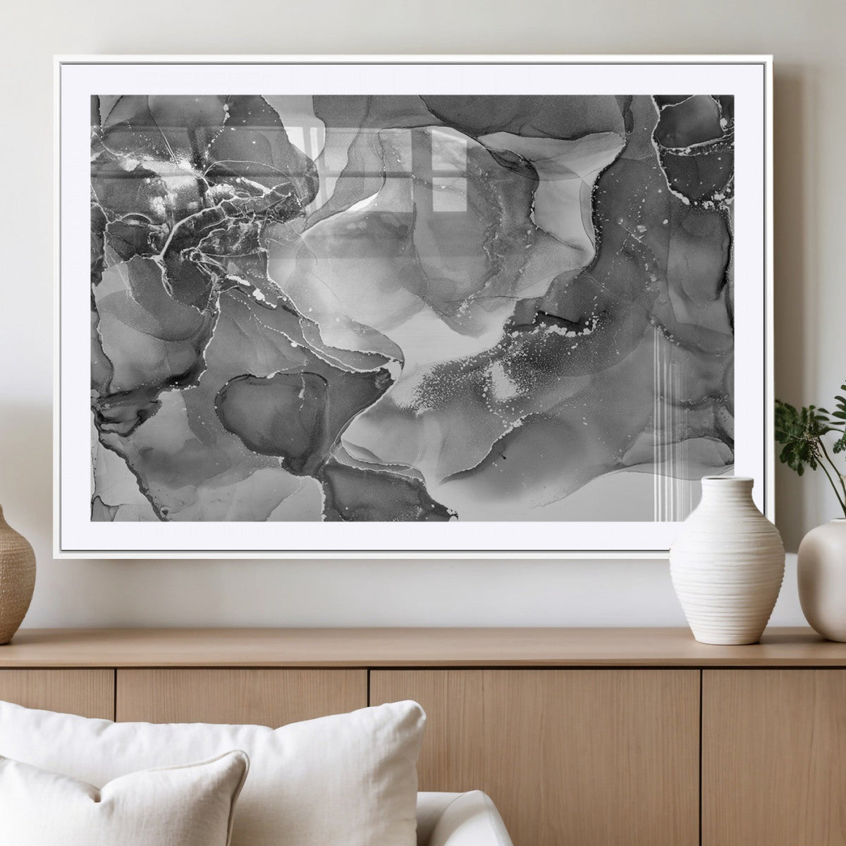 Black White Abstract Canvas Wall Art - Fluid Ink Artwork -