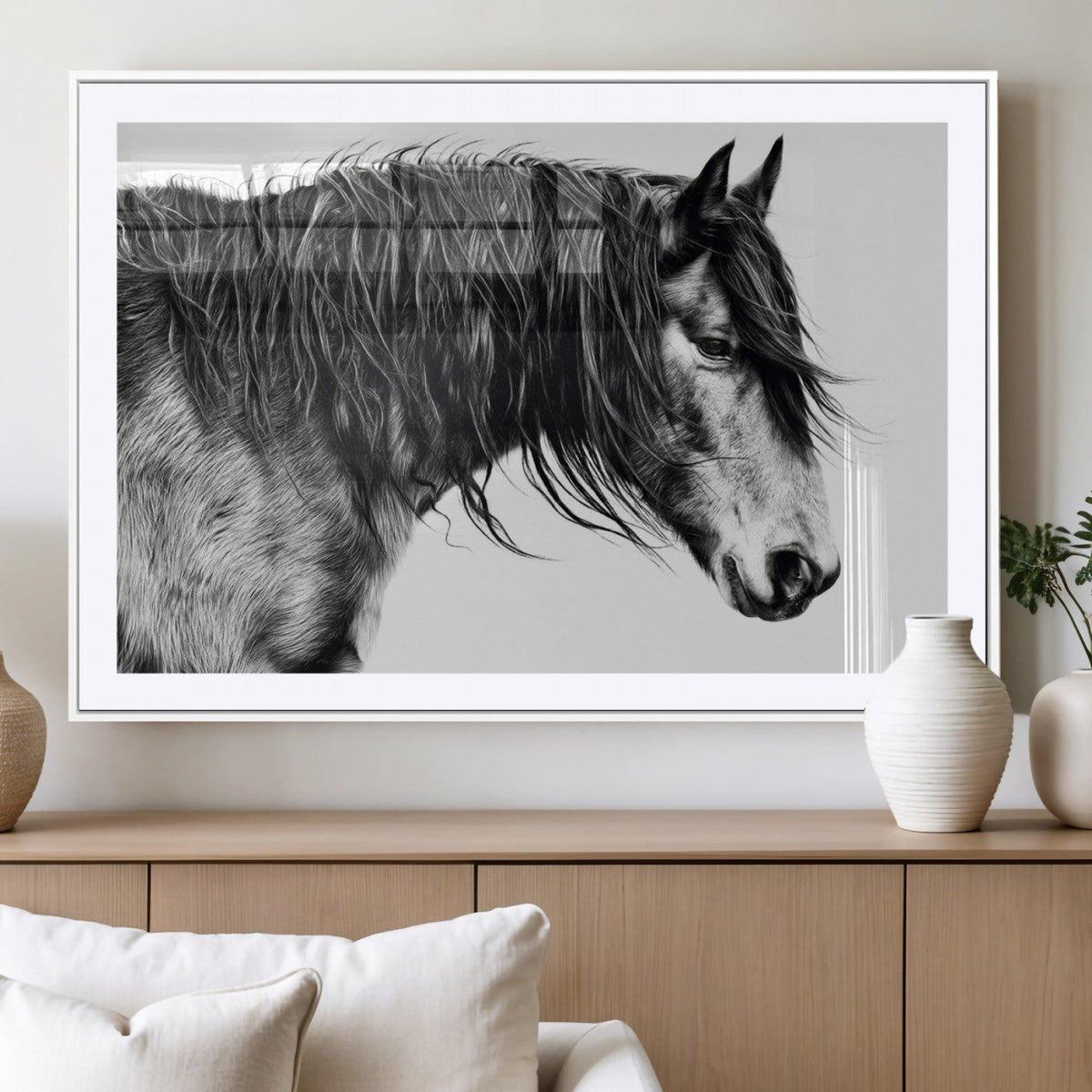 Majestic Horse Wall Art – Framed Black White Portrait Canvas