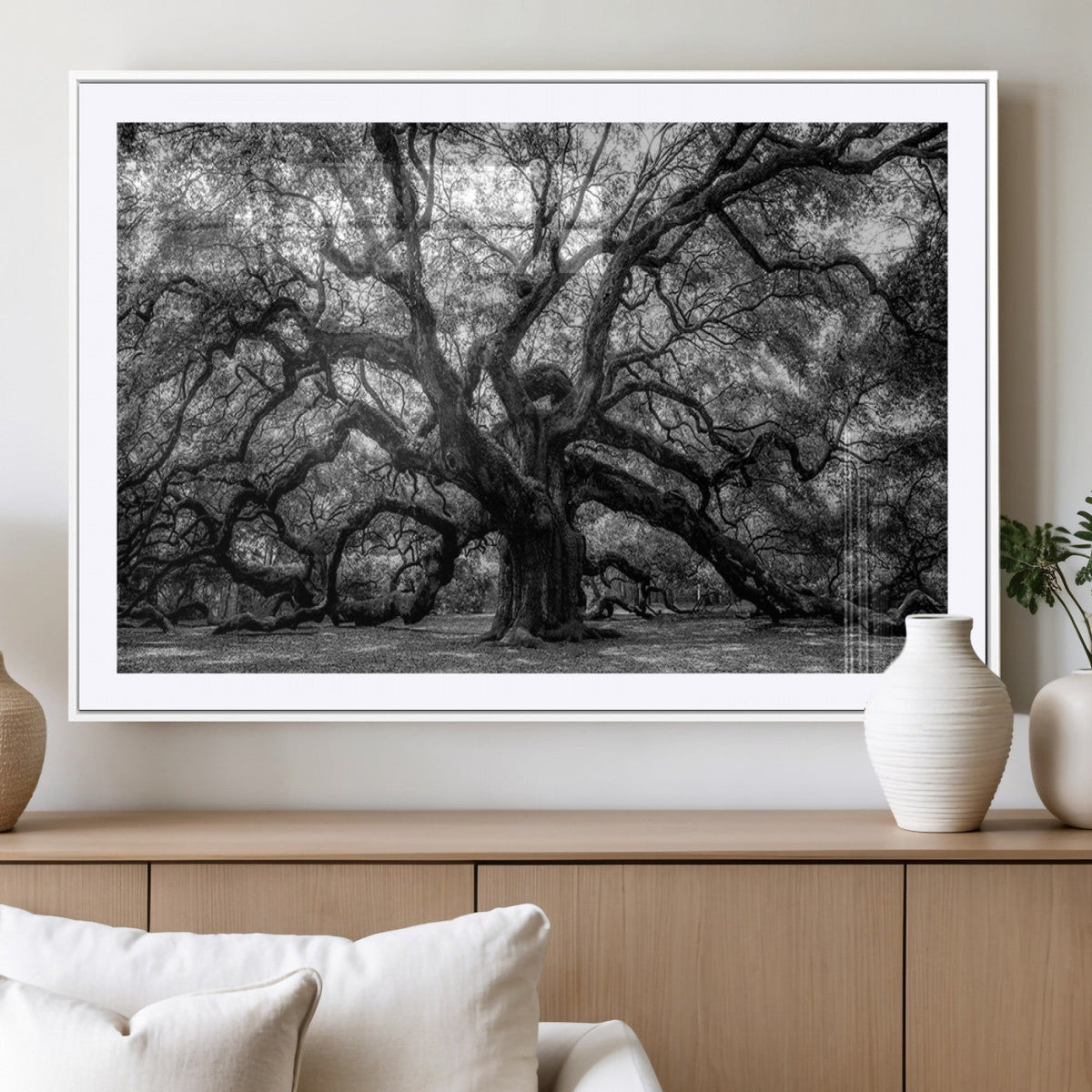 Black and White Old Angel Oak Tree Wall Art Canvas Print