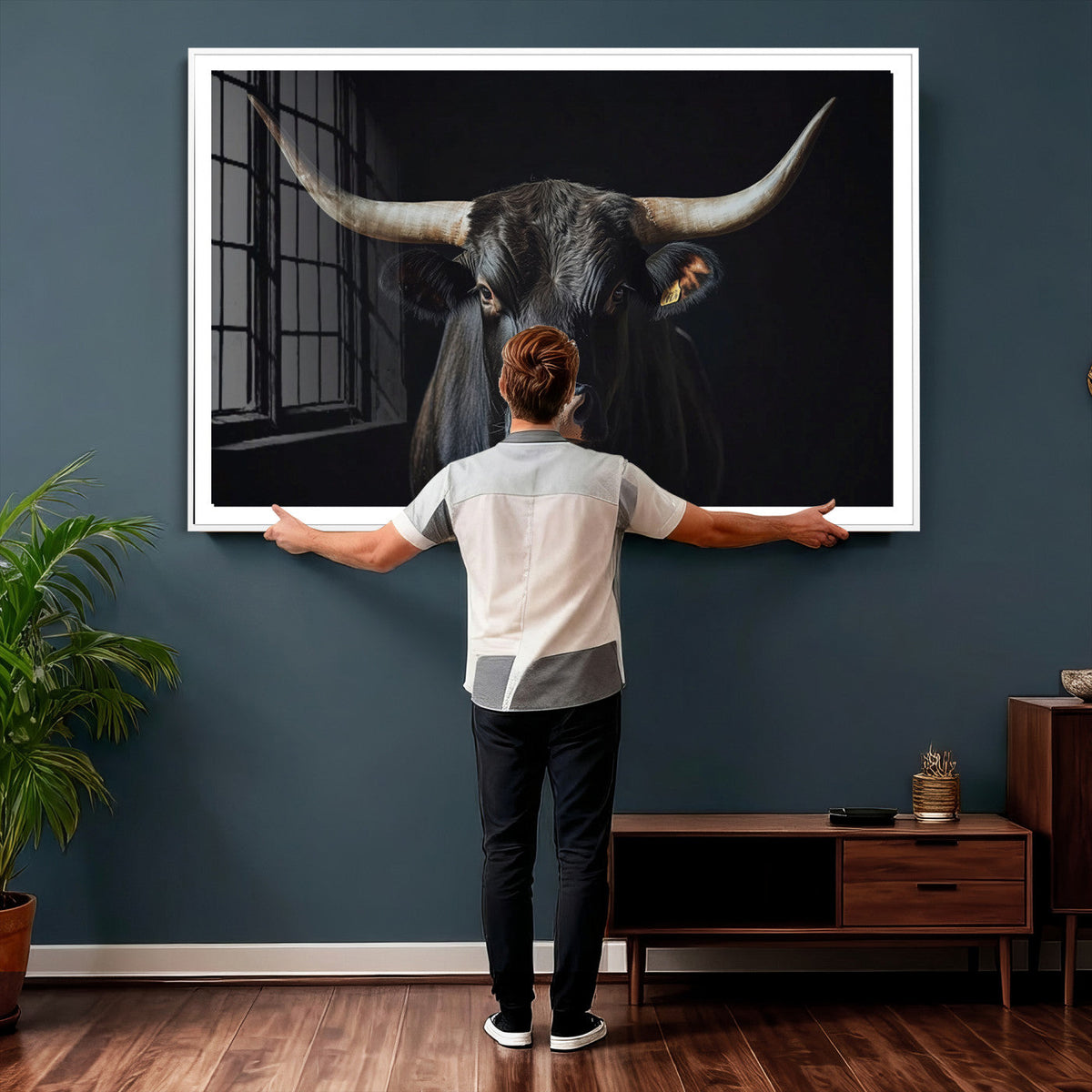 Majestic Longhorn Bull Wall Art Canvas Print – Dark