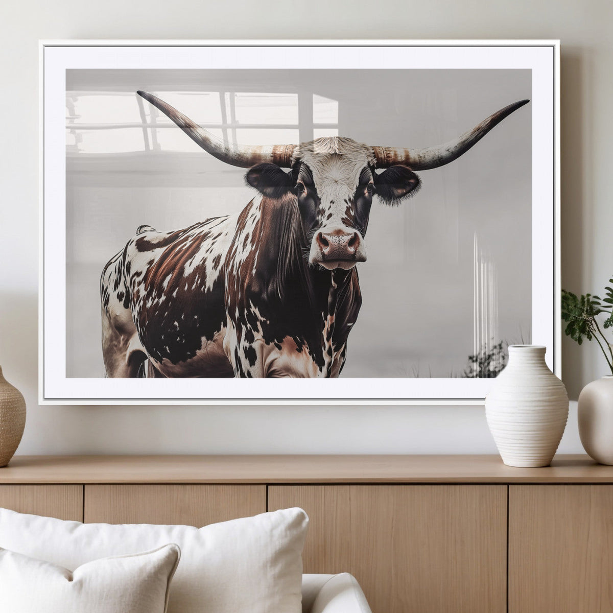 Texas Longhorn Wall Art Canvas Print – Framed Spotted Bull