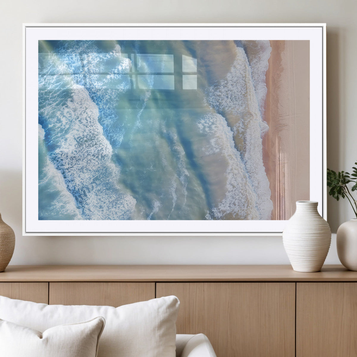 Aerial Ocean View Wall Art Canvas Print – Framed Soft Blue