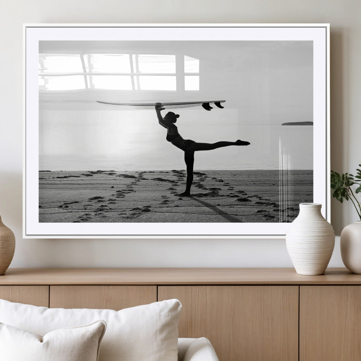 Yoga Surf Wall Art Canvas Print – Framed Black White Shore