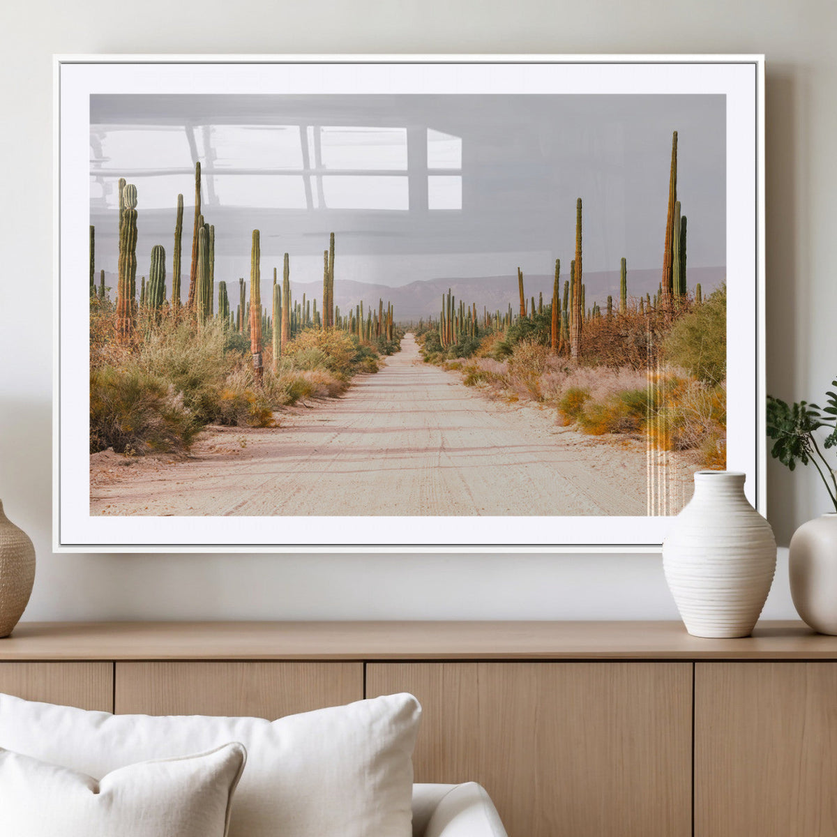 Desert Cactus Lined Road Wall Art Canvas Print – Framed