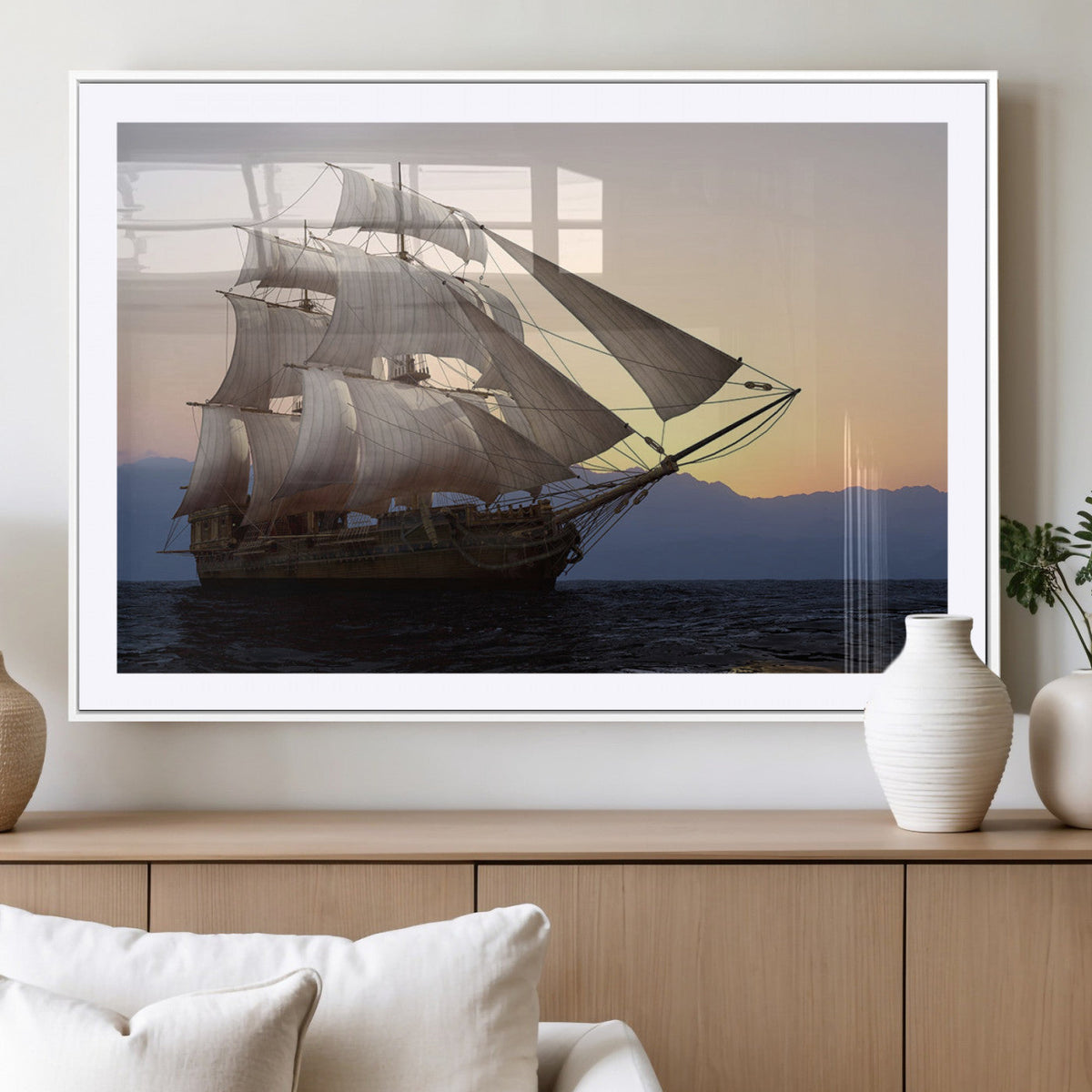 Majestic Sailing Ship Wall Art Canvas Print, Sunset Ocean