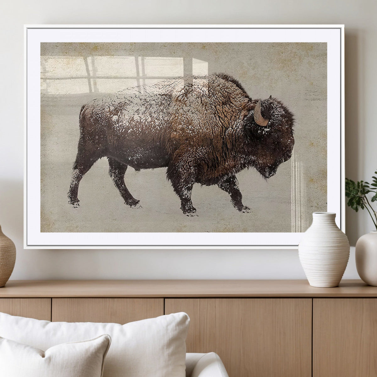 Snow-dusted bison silhouette textured vintage style rugged