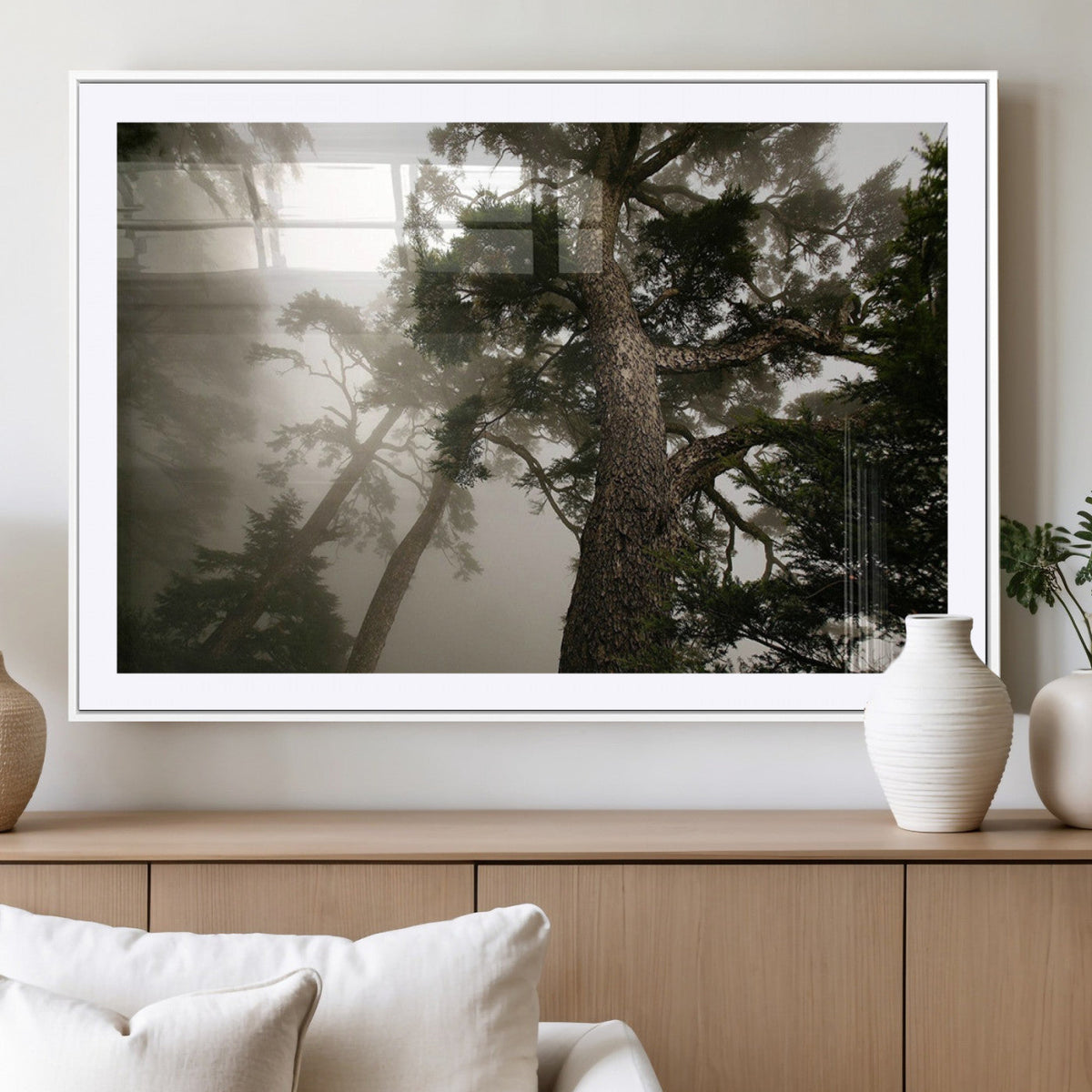 Misty Forest Wall Art Canvas Print, Tall Trees and Foggy