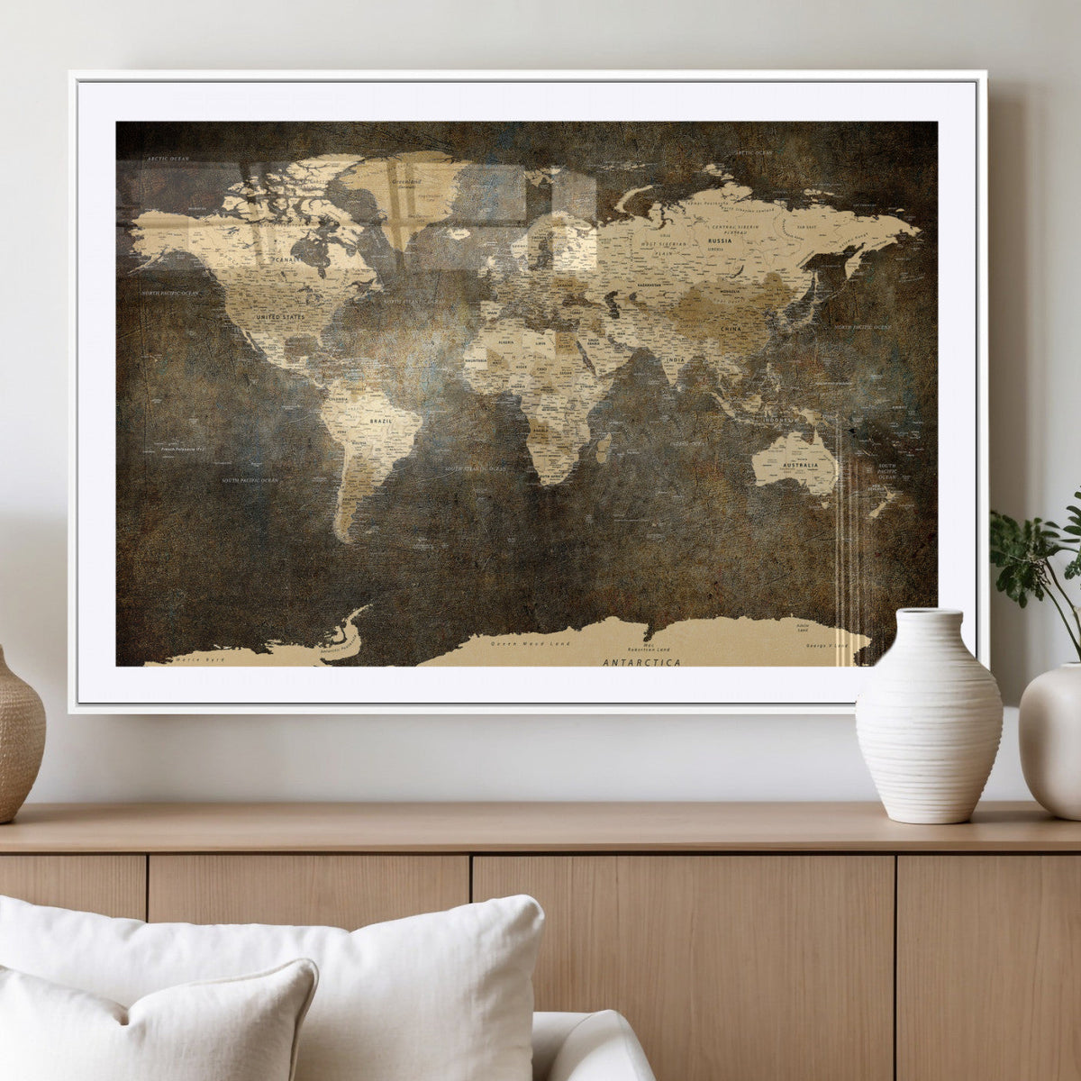 Large Framed Vintage World Map Wall Art Print for Home Wall
