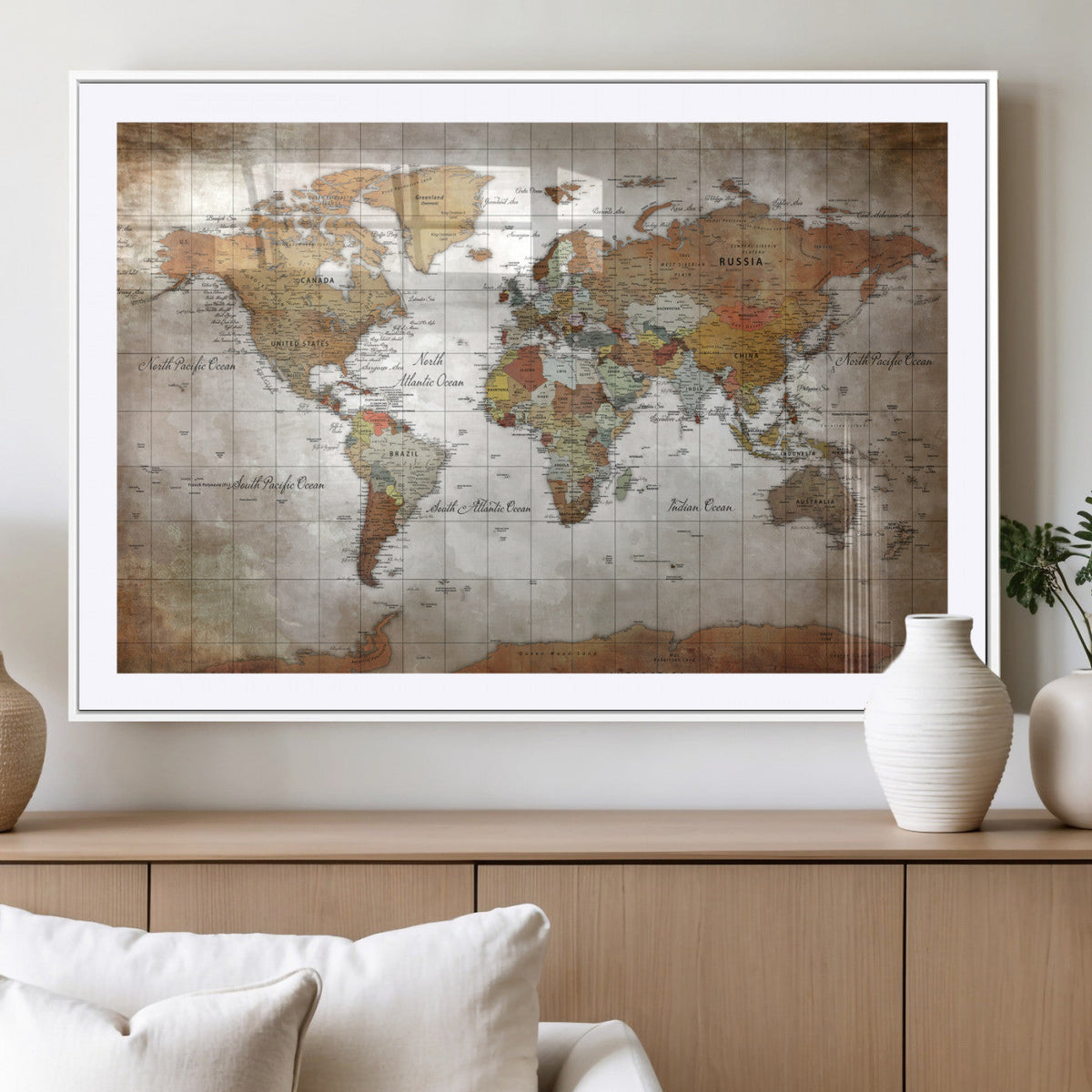 Vibrant Watercolor World Map Canvas Wall Art – Framed Travel