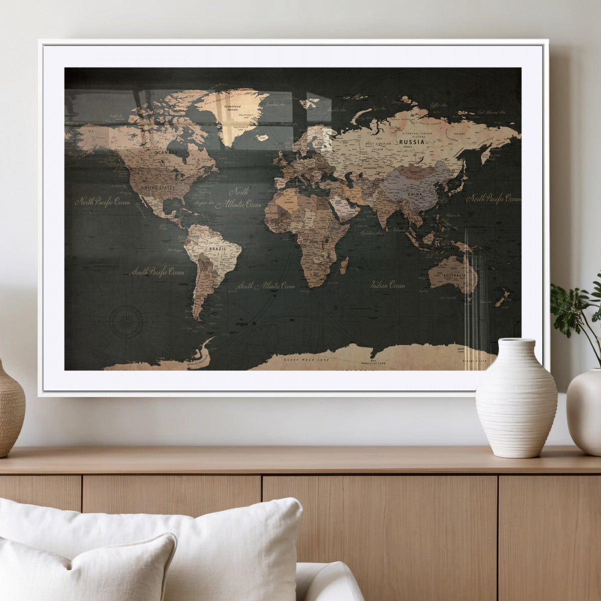 Vintage World Map Canvas Wall Art – Framed Travel Map for