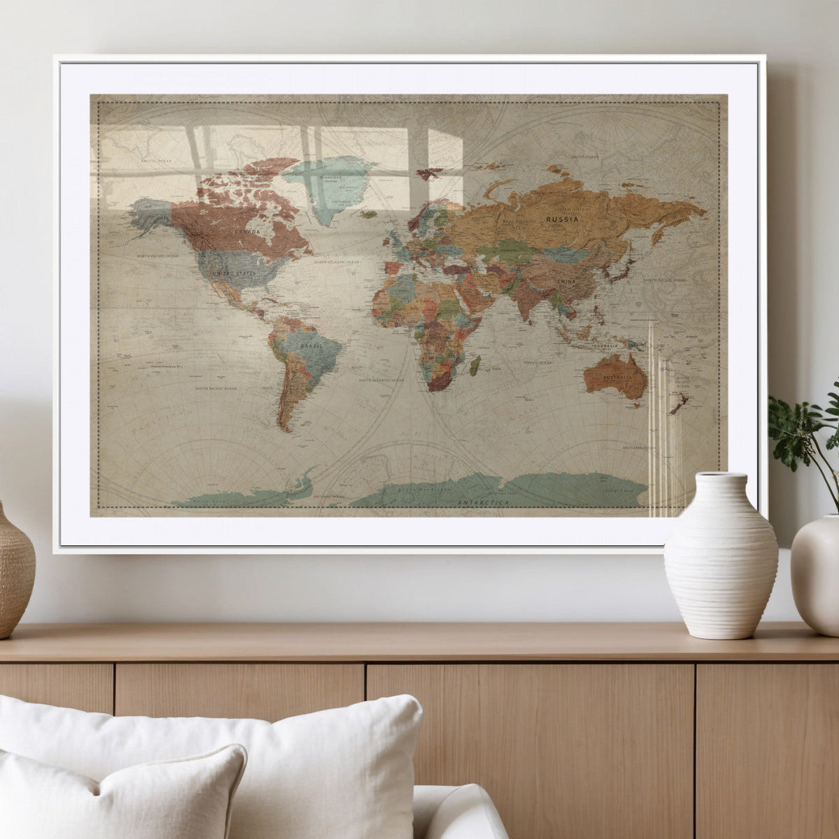 Vintage World Map Canvas Wall Art Print – Framed Modern