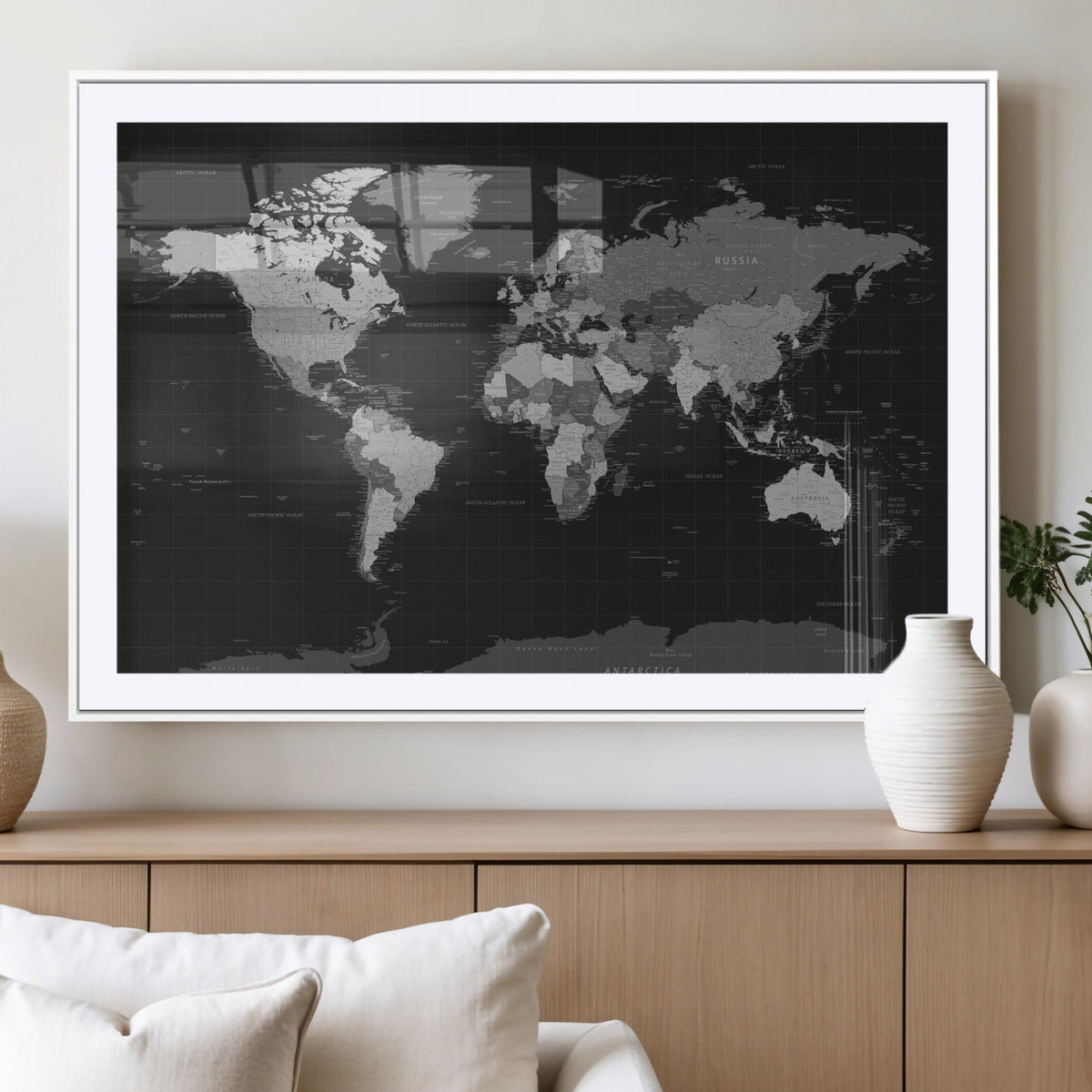 Black World Map Wall Art Canvas Print – Detailed Map of the