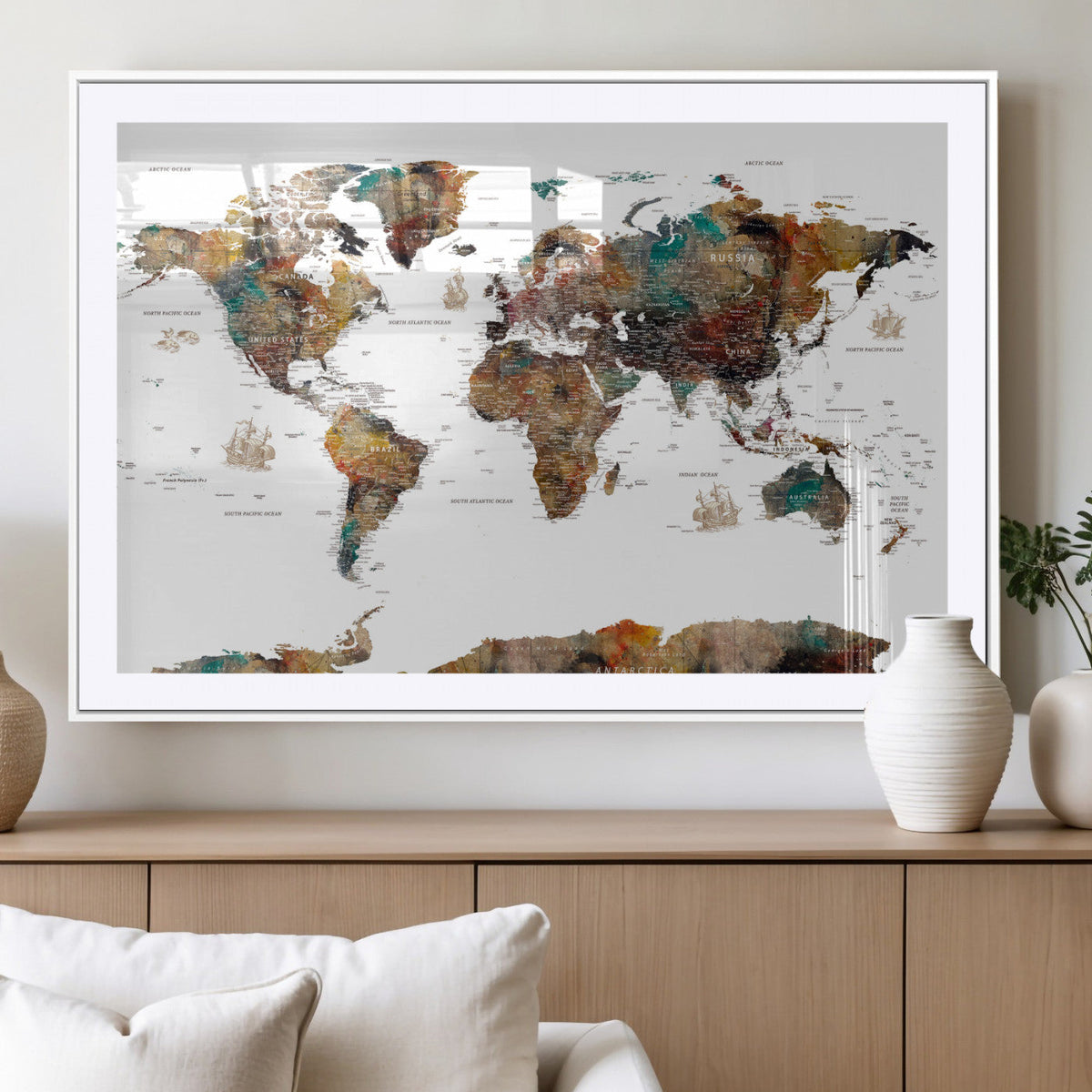 Watercolor World Map Canvas Print – Detailed Map of the