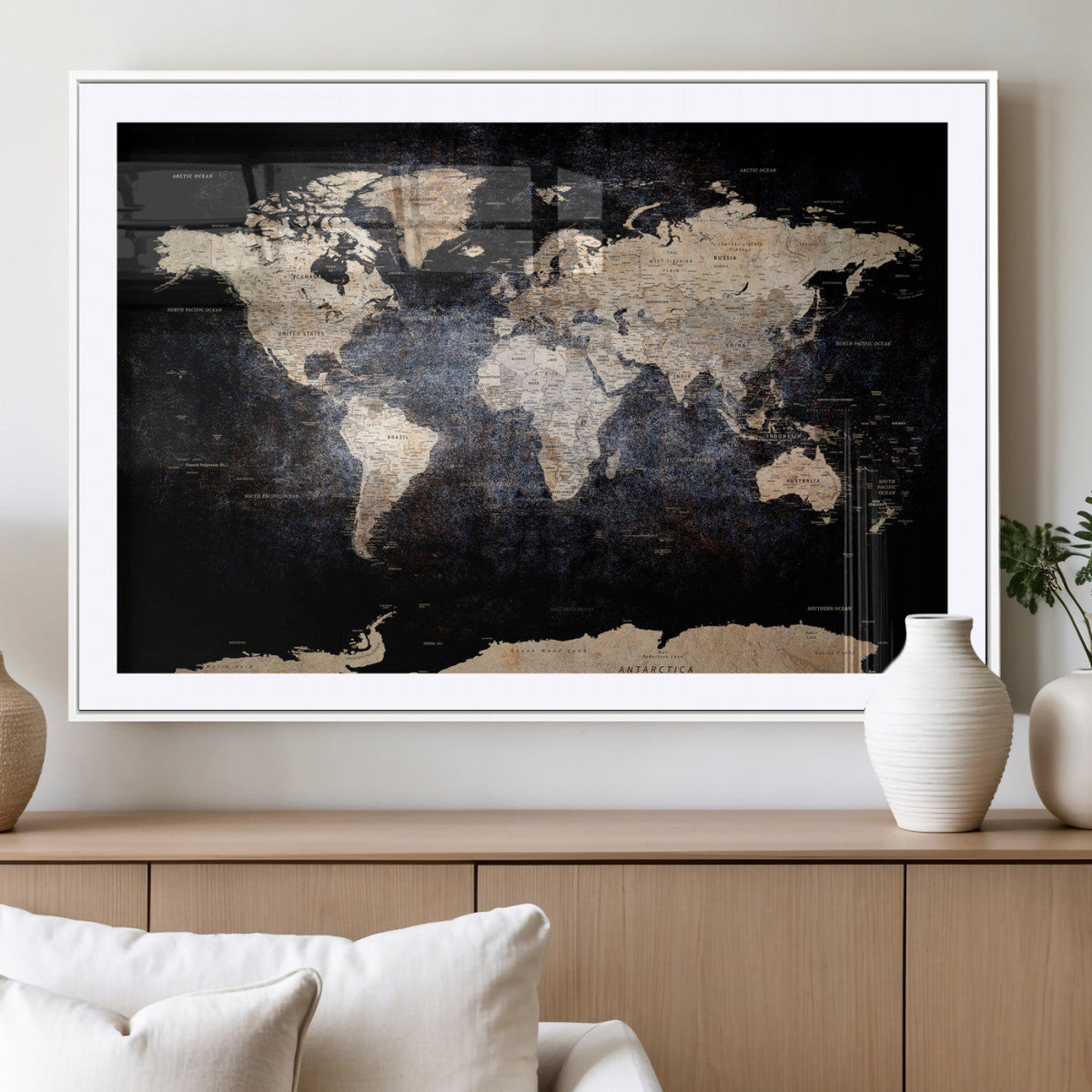 Grunge World Map Wall Art | 3-Panel Large Beige and Brown