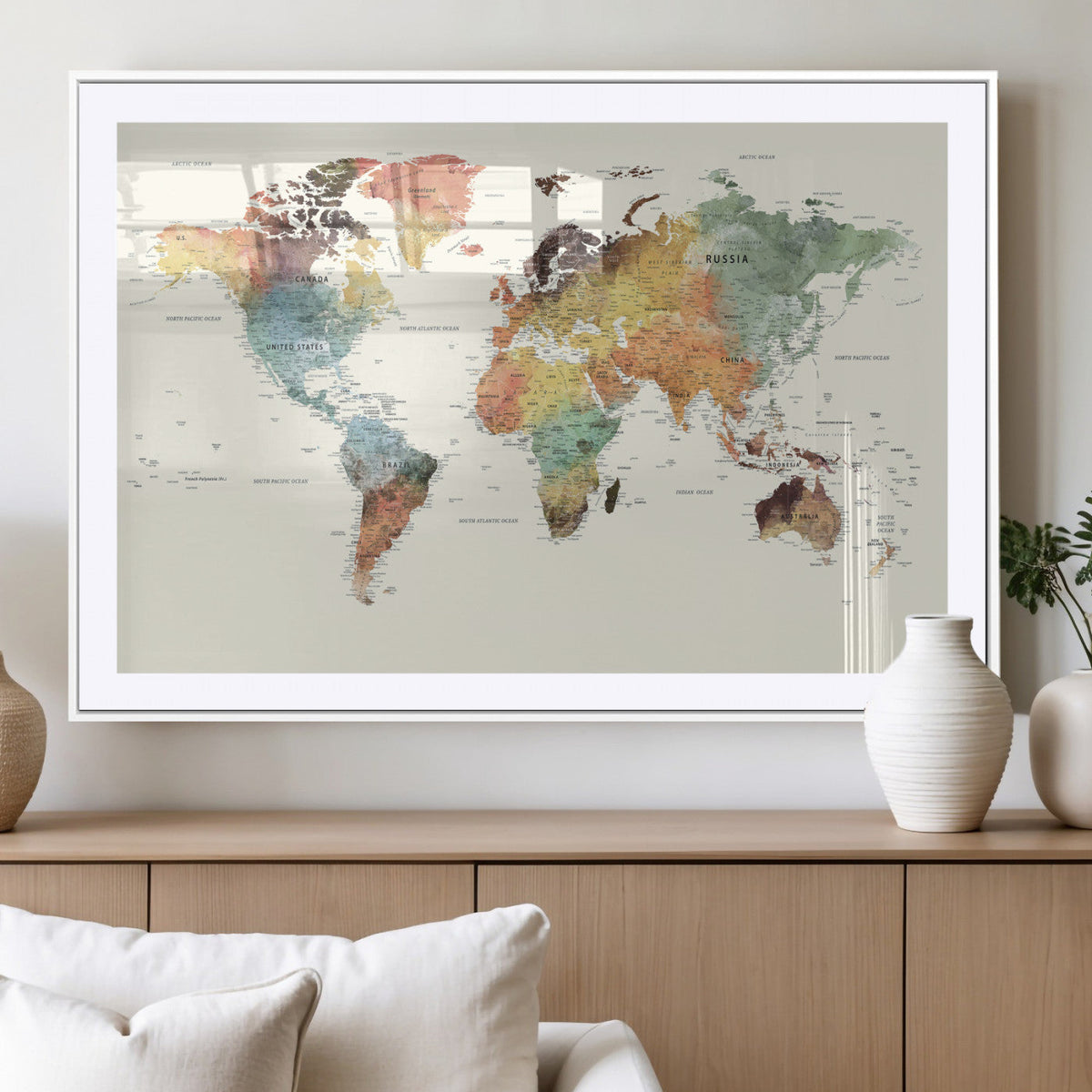Framed World Map Wall Art Canvas Print for Living Room and