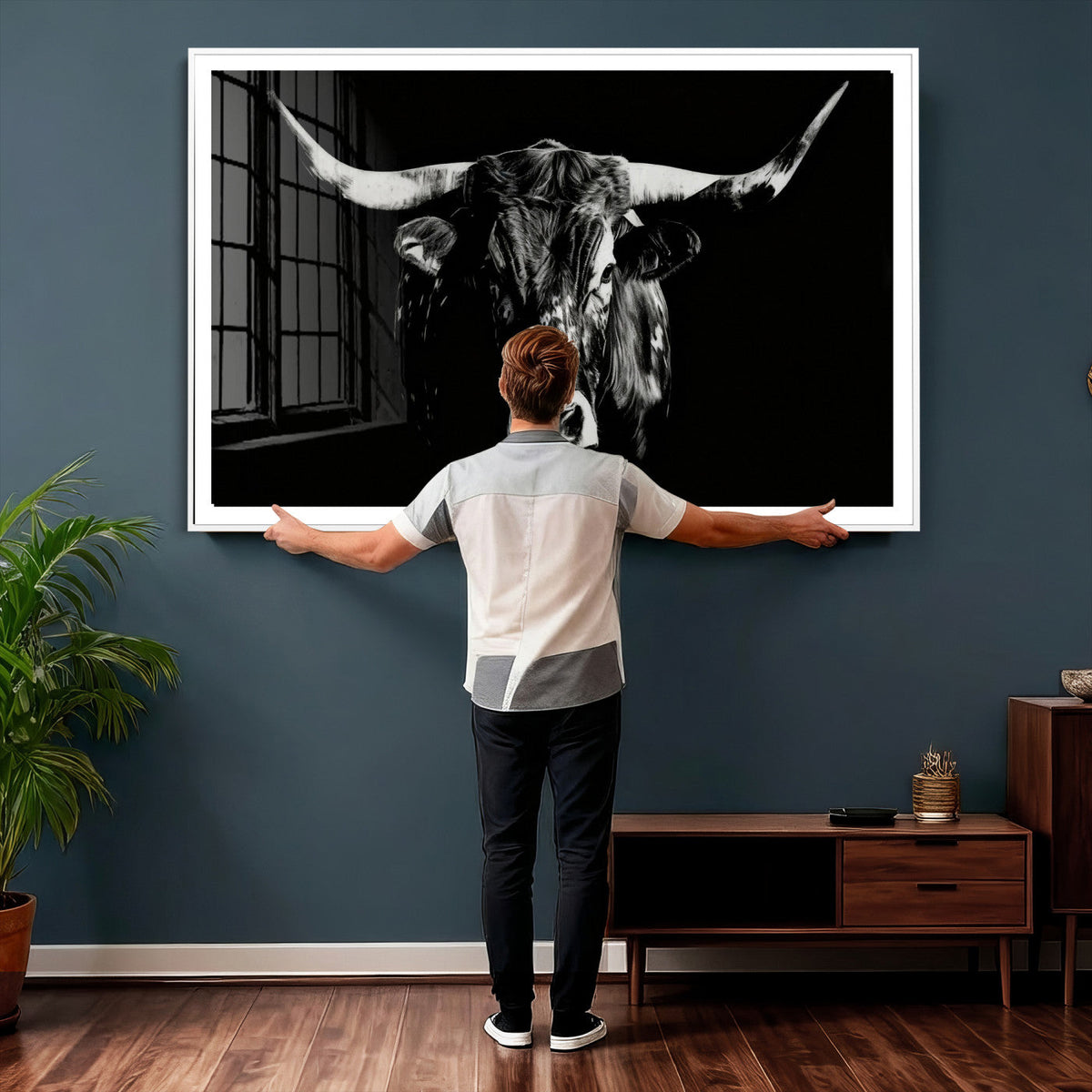 Black Bull Wall Art Canvas Print, Dark Longhorn Portrait