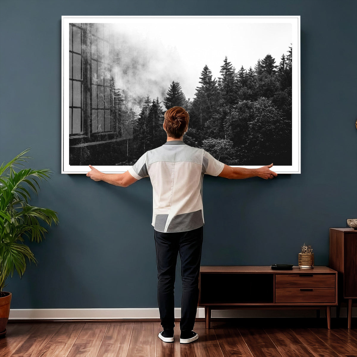 Black White Forest Wall Art Canvas Print, Misty Pine Tree
