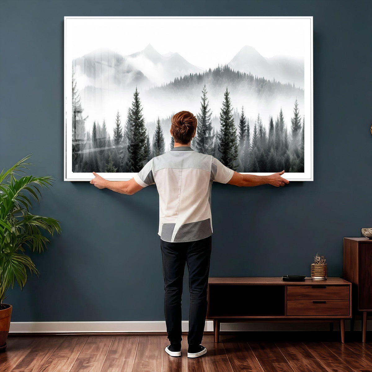 Misty Pine Forest Mountain Landscape Wall Art Canvas Print