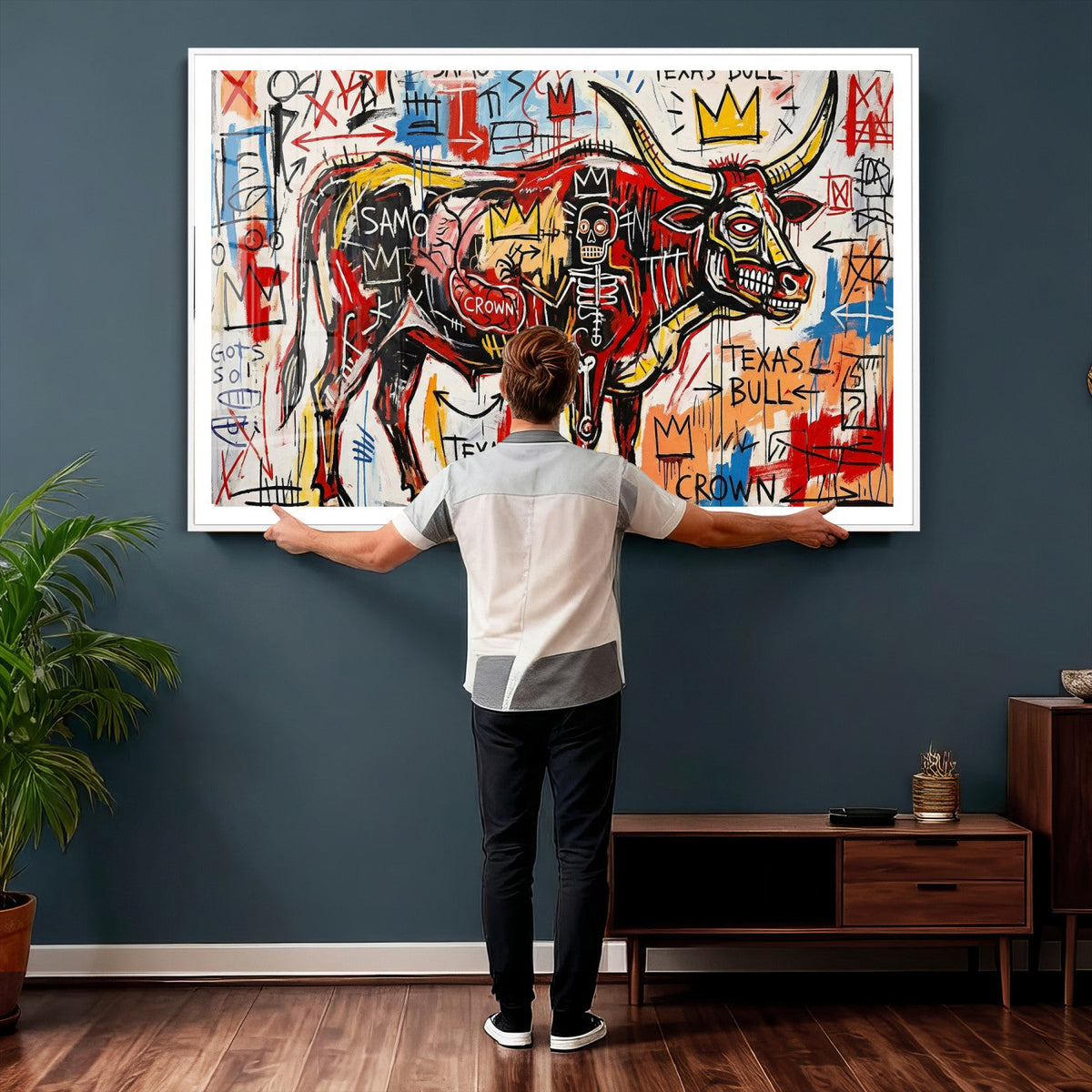 Texas Bull Wall Art Canvas Print, Abstract Graffiti Bull