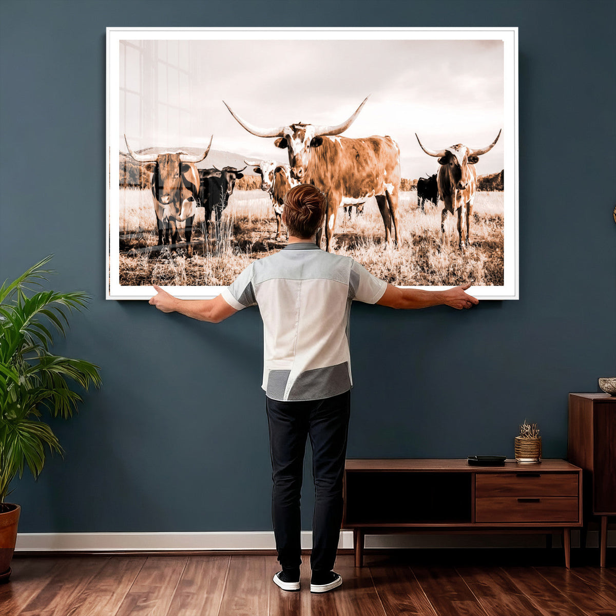 Texas Longhorn Cattle Wall Art Canvas Print, Sepia Western