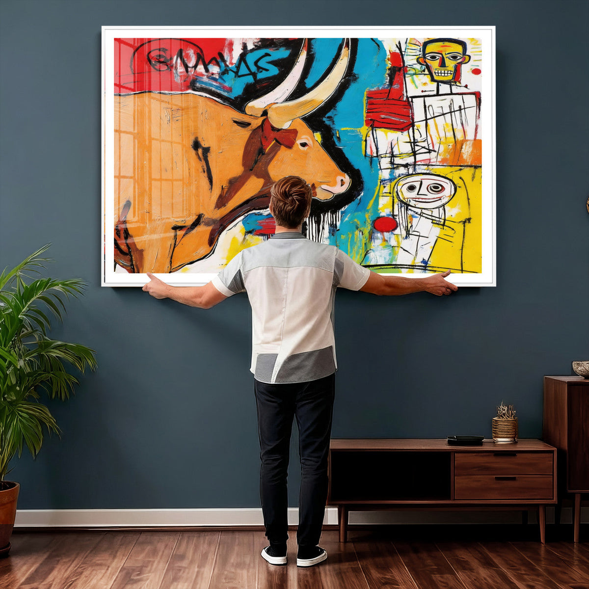 Basquiat Style Bull Graffiti Wall Art Canvas Print, Street