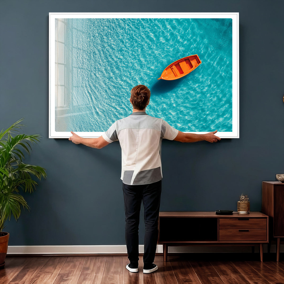 Minimalist Boat Wall Art Canvas Print, Aerial Sea Landscape