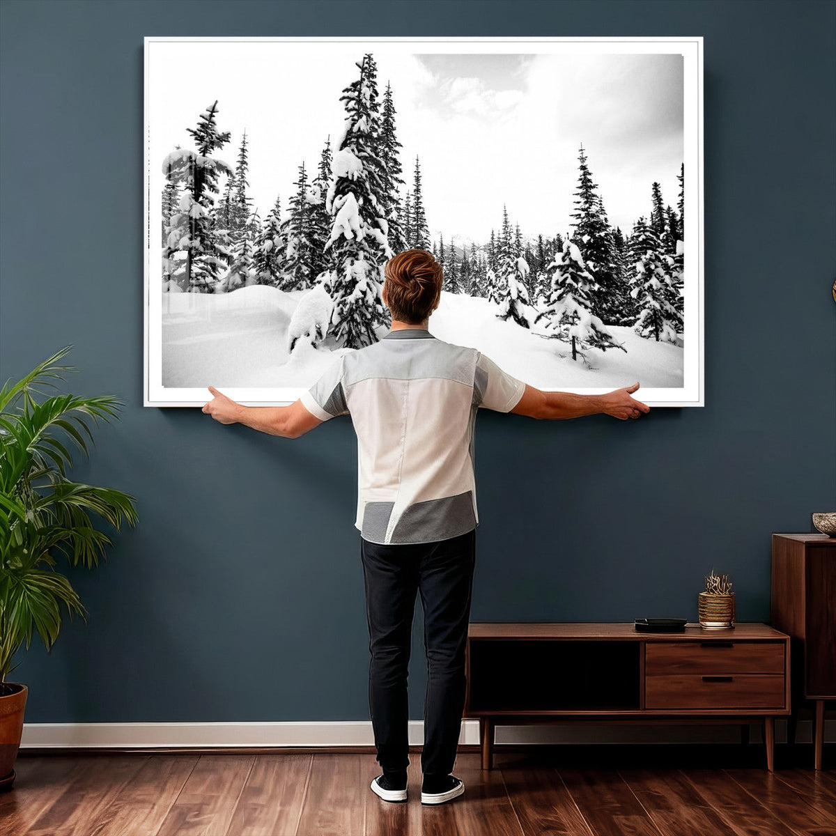 Black and White Snowy Pine Forest Wall Art Canvas Print,