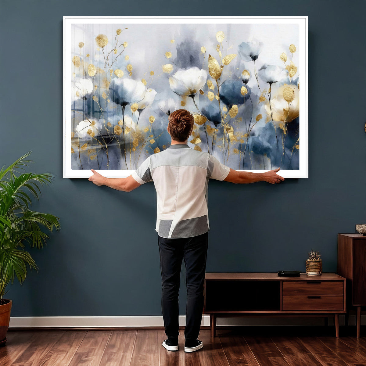 Large Abstract Flowers Wall Art Canvas Print – Gold and Blue