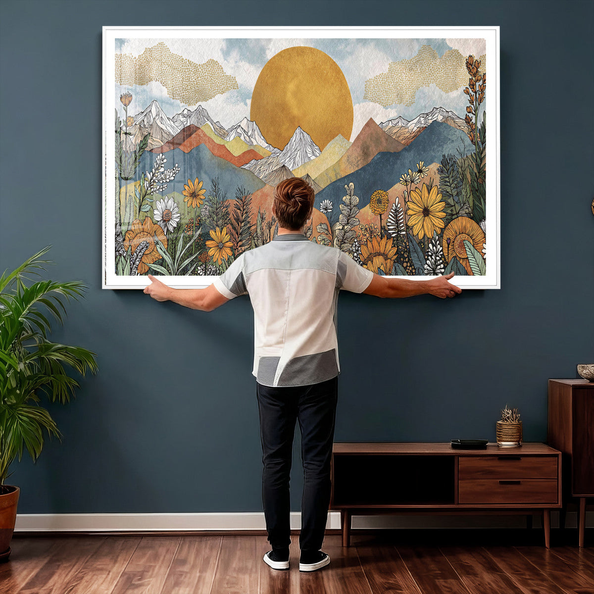 Boho Mountain Landscape Large Wall Art, Horizontal Gold