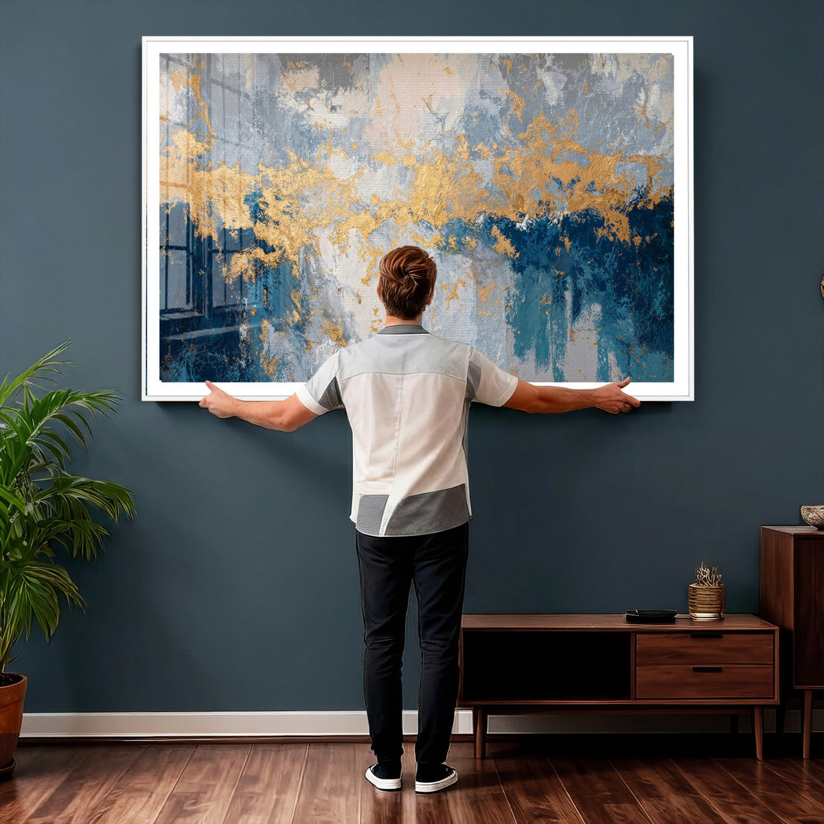 Blue Gold Abstract Large Framed Canvas Wall Art, Modern
