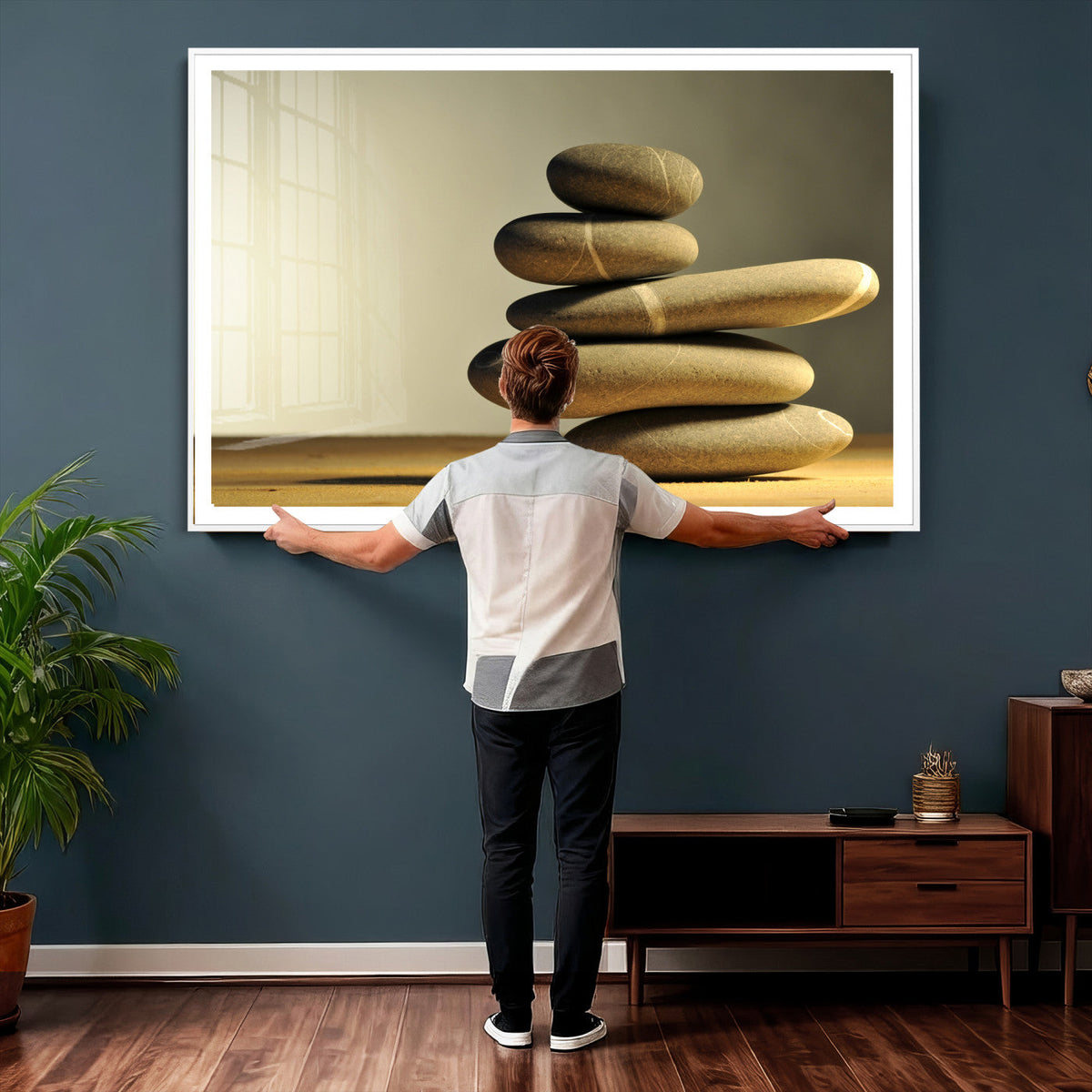 Zen Stone Wall Art Canvas Print, Balanced Rock Stack Framed