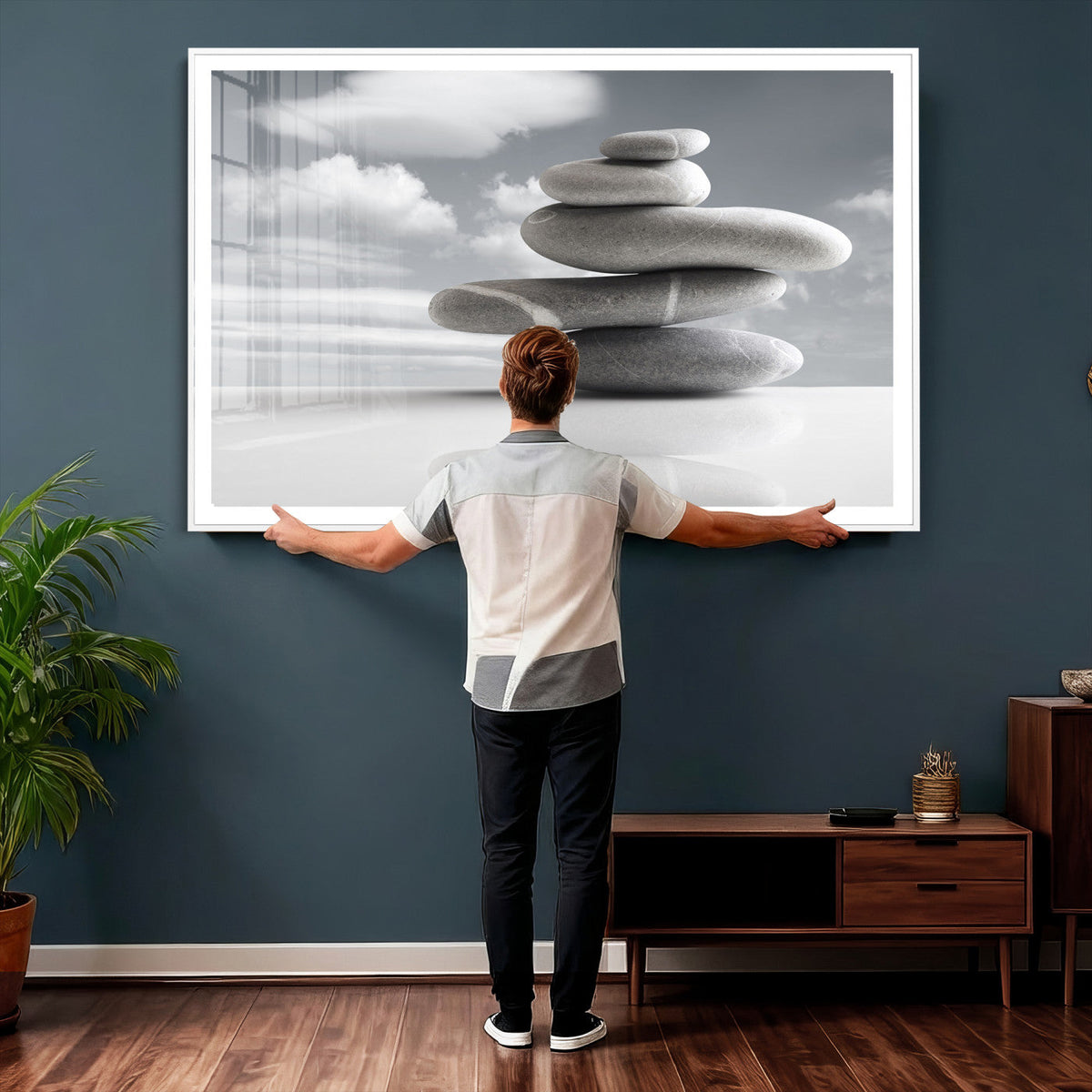 Zen Stone Wall Art Canvas Print, Balanced Rock Stack Framed