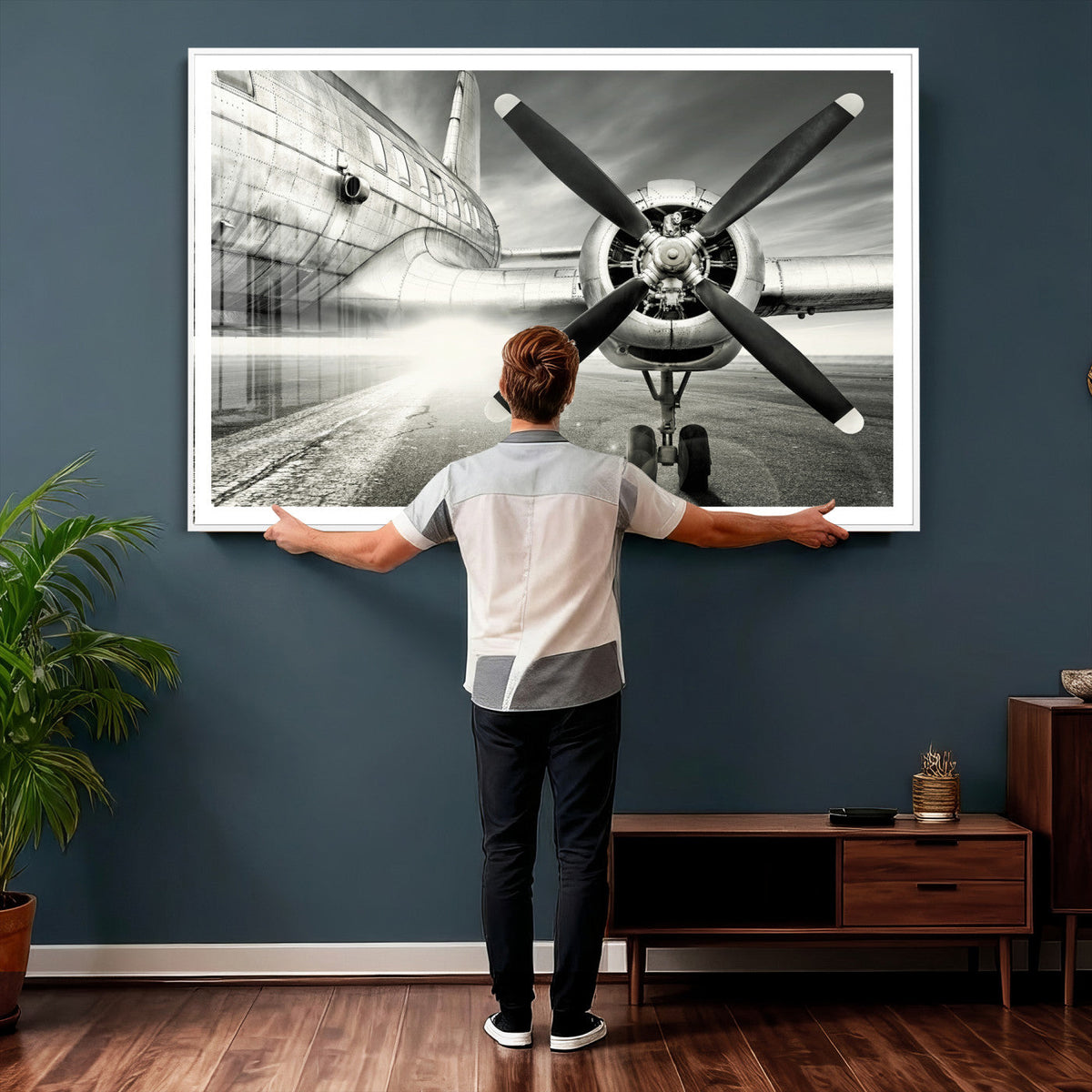 Vintage Airplane Wall Art Canvas Print, Black and White