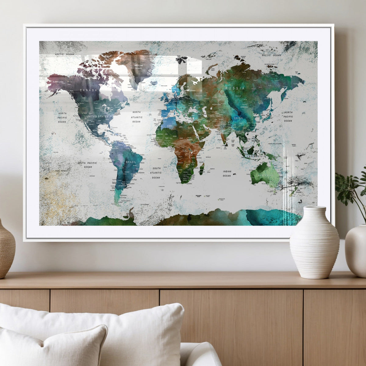 Modern Watercolor World Map Canvas Wall Art – Framed