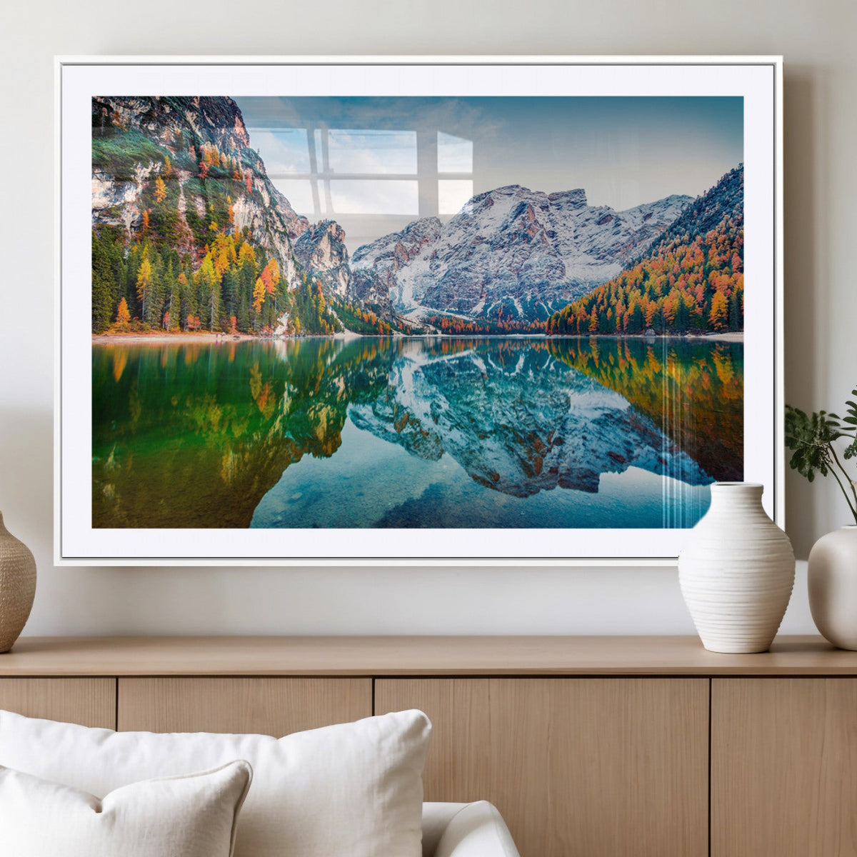 Spectacular autumn view of Braies Lake Wall Art Canvas Print