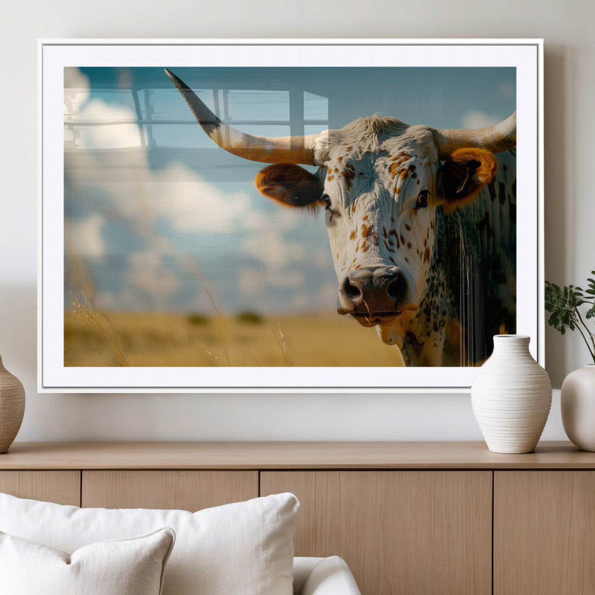 Longhorn in the Prairie - Stunning Ranch-Style Triptych Wall