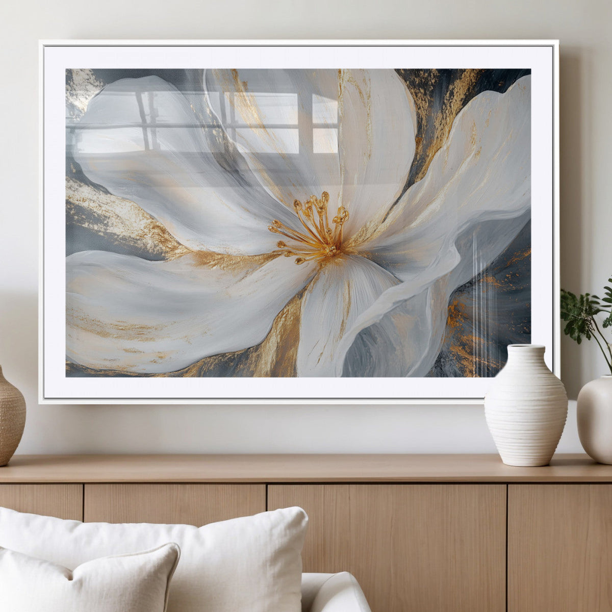 White and Gold Floral Canvas Wall Art - Framed and Ready to