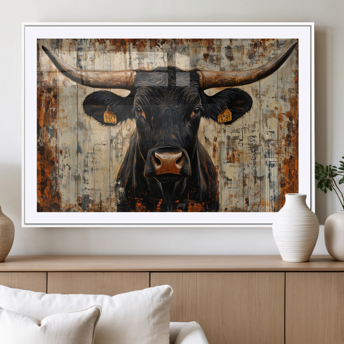 Rustic Texas Artwork Wall Art Canvas Print - Abstract Cow