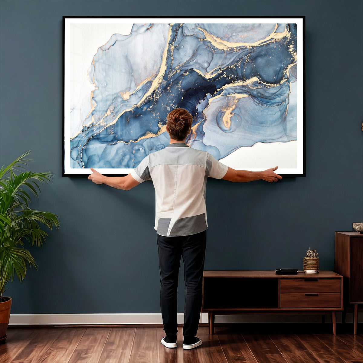 Blue Abstract Canvas Wall Art Print | Fluid Marble Effect Abstract Art