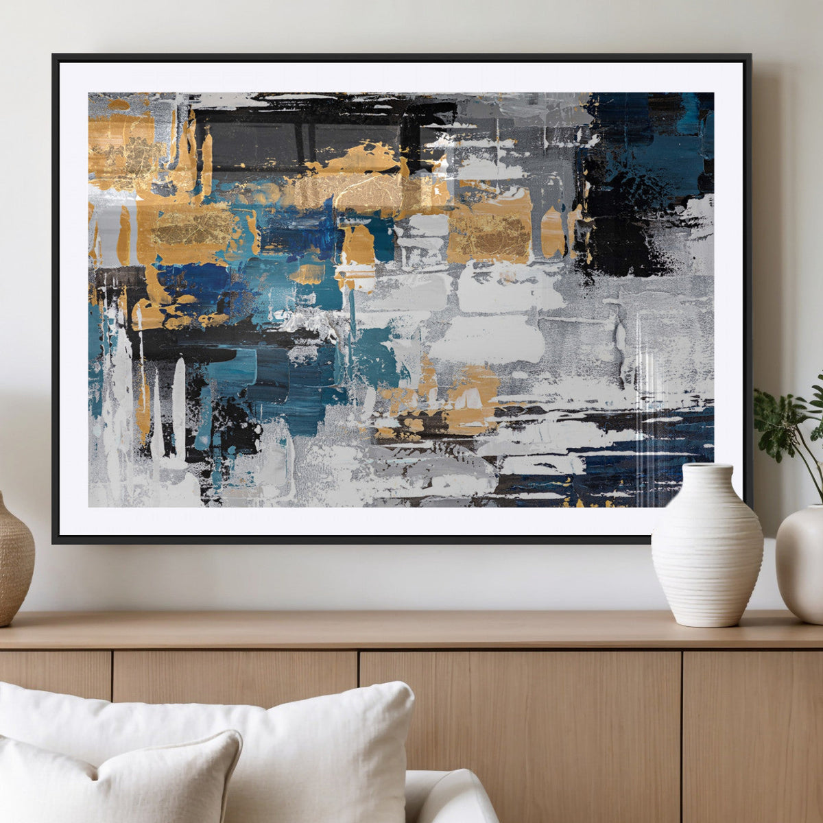 Blue and Gold Abstract Canvas Wall Art – Triptych Modern