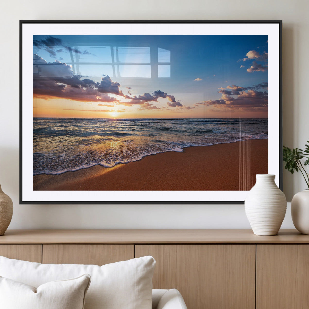Serene Ocean Sunset Canvas Print, Golden Hour Beach Wall