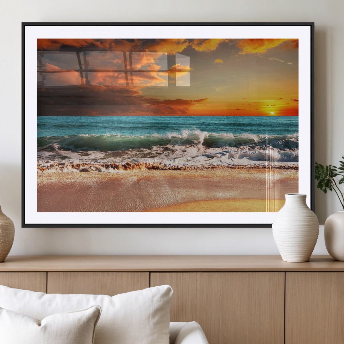 Golden Sunset Beach Canvas Wall Art – Triptych Seascape