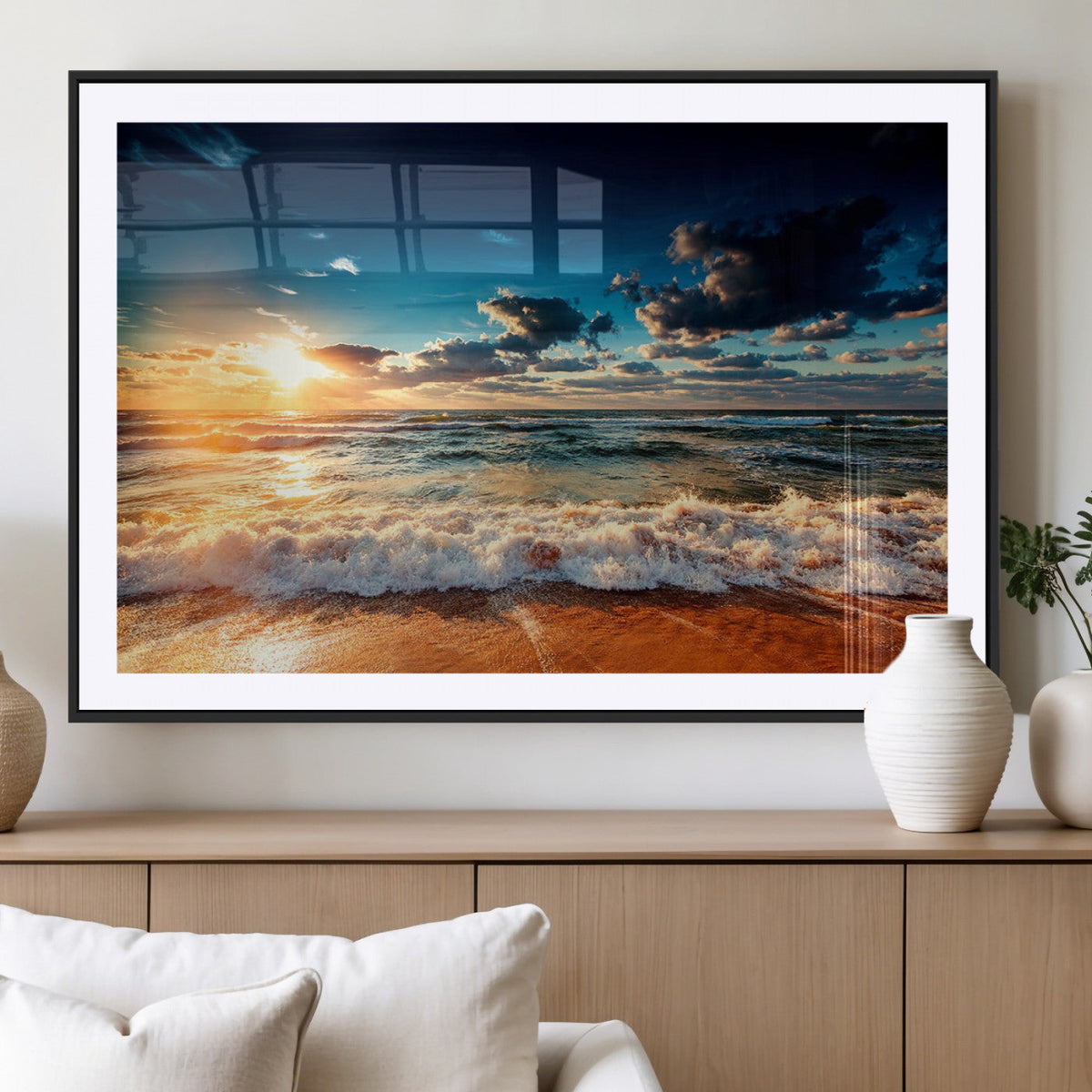 Golden Hour Sunset Over Ocean Waves Wall Art Canvas Print |