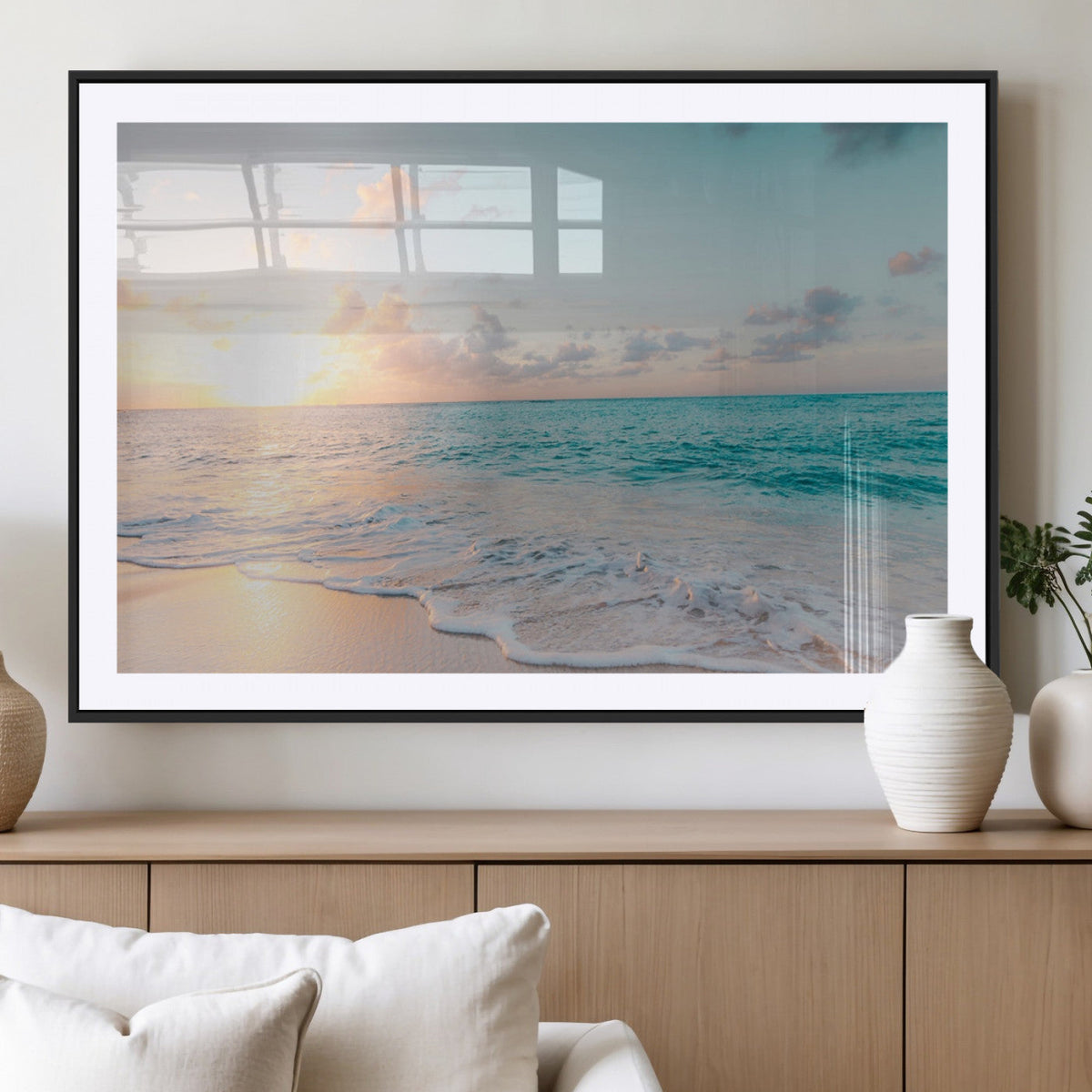 Tranquil Ocean Beach Sunset Canvas Wall Art | 3-Panel