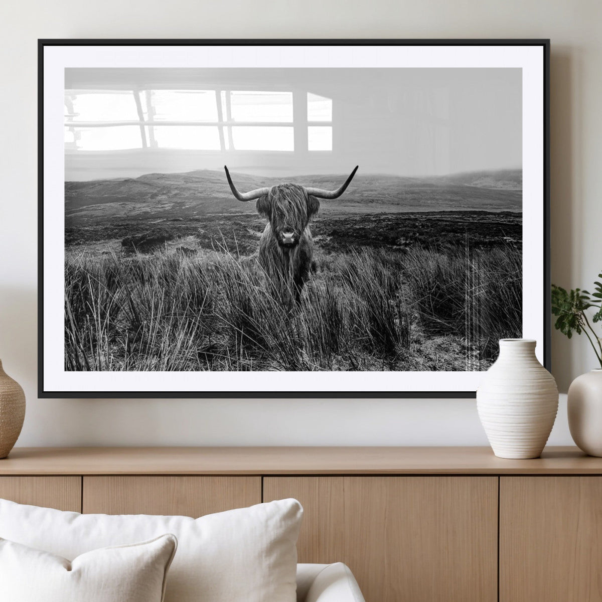 Black and White Highland Cow Canvas Wall Art, Longhorn